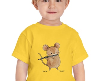 Mouse Playing Flute Toddler Tee | Cute Watercolor Animal Kids Music Shirt Music Lover Woodwinds Gift