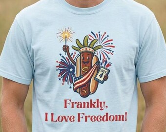 Camiseta com estampa da Estátua da Liberdade e cachorro-quente "Francamente, eu amo a liberdade" | Camiseta patriótica para o Quatro de Julho