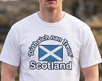 Scotland Saltire Home of the Brave Scotland T-Shirt | Scottish Flag, Gaelic Text Dùthrach nan Treun National Pride Football Soccer