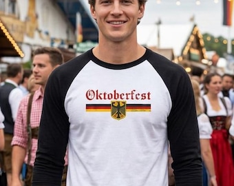Oktoberfest crest Beer Garden Raglan Shirt | German flag stripes, vintage shield Bavarian Gift Fall Festival