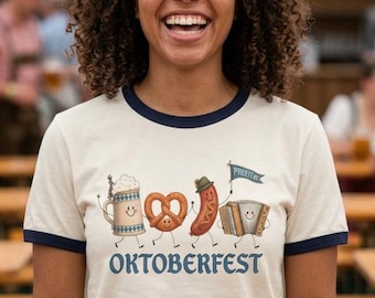 Oktoberfest beer pretzel sausage accordion lederhosen prost characters T-Shirt | Ringer Tee October Beer Festival Germany Bavaria Fall Gift