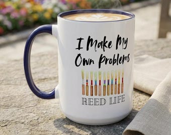 Caneca "Eu Crio Meus Próprios Problemas" com Palheta de Oboé | Presente de Humor para Músicos e Amantes do Corne Inglês