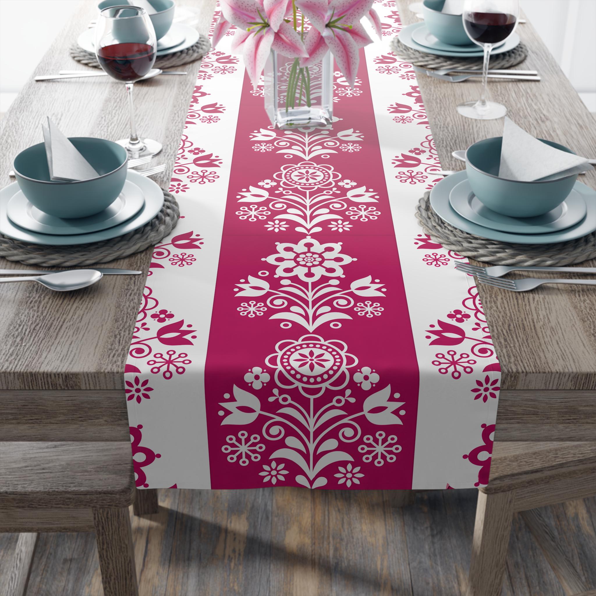 Cranberry Red Folk Floral Pattern Table Runner | Scandinavian BOHO