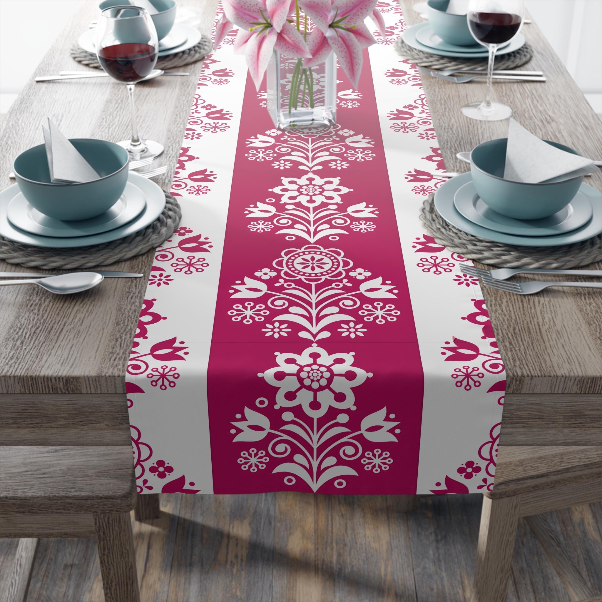 Cranberry Red Folk Floral Pattern Table Runner | Scandinavian BOHO