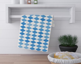 Blue Bavarian Flag Diamond Pattern Tea Towel | Oktoberfest Checkered Cotton-Poly Germany Beer Garden BOHO Cottage Core