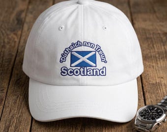 Scotland Saltire Home of the Brave Embroidered Classic Dad Cap | Scottish Flag, Gaelic Text National Pride Football Soccer