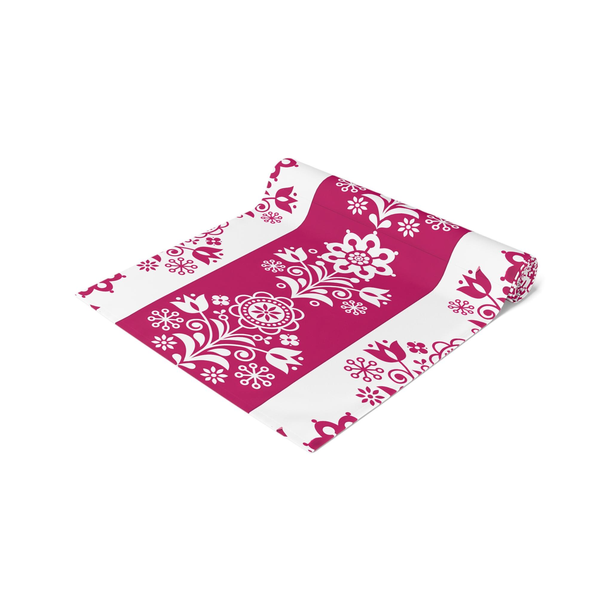 Cranberry Red Folk Floral Pattern Table Runner | Scandinavian BOHO