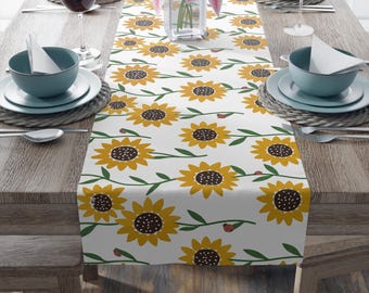 Sunflower Pattern Fall Table Runner | Lady Bug Floral Table Runner, Yellow Sunflower Print Autumn BOHO Print Cottage Core