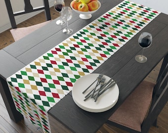 Christmas Green Red Gold Argyle Table Runner | Winter Holiday Diamond Pattern BOHO Cottage Core