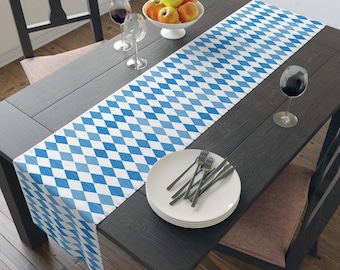 Oktoberfest Blue Bavarian Flag Diamond Pattern Table Runner | Checkered Cotton-Poly Germany Beer Garden BOHO Cottage Core