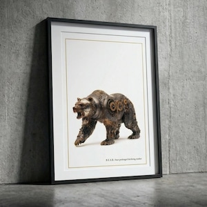 雄牛のクマの壁掛けアート、スチームパンク風クマのファインアートプリント、高級企業ギフト、旧家の装飾、エグゼクティブ向け株式市場金融ポスター