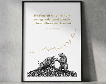 Warren Buffett Be Fearful Quote Poster, Berkshire Hathaway Bull Bear Wall Art, Old Money Stock Market Investor Gift, Executive Office Decor