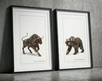 Steampunk Bull Bear Wall Art Print – Market Mechanics Complete Collection – Bull Bear Stock Market Motivation Poster – Finance Gift