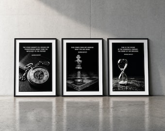 Warren Buffett Poster Set – Old Money Berkshire Hathaway Finance Wall Art – Black White Executive Office Decor – Investor Quote Gift