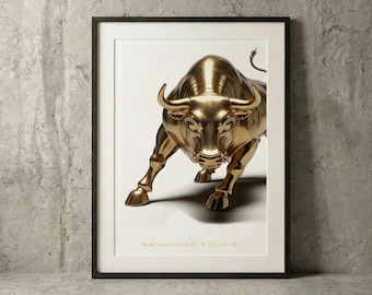 Gold Charging Bull Fine Art Print – Stock Market Old Money Wall Art – High Contrast Finance Investor Poster – Executive Trader Gift