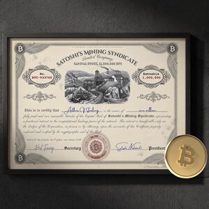 Regalos personalizados de Bitcoin, certificado de criptomonedas con nombre personalizado, Satoshi Nakamoto, arte mural de finanzas tradicionales, impresión giclée de inversión ejecutiva