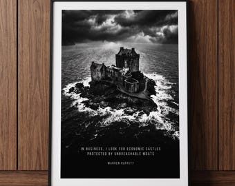 Warren Buffett Poster, Economic Moat Quote, Black White Noir Castle Fine Art Print, Old Money Wall Decor, Berkshire Hathaway Executive Gift