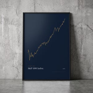 Può includere: Una stampa artistica da parete verticale incorniciata con uno sfondo blu navy scuro e un grafico a linee dorato che rappresenta l'S&P 500 Index. Il testo S&P 500 Index e SPX è stampato in bianco negli angoli in basso a sinistra e a destra.