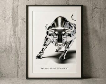Chrome Wall Street Bull Print – Charging Bull Finance Poster – Modern Trading Desk Wall Art – Finance Gift for Traders