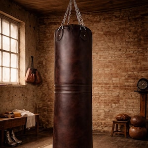K&ouml;nnte beinhalten: Ein gro&szlig;er, brauner Leder-Boxsack h&auml;ngt an einer Kette in einem rustikalen Raum. Der zylindrische Sack h&auml;ngt &uuml;ber einem beigen Teppich auf einem Holzboden. Der Raum hat Backsteinw&auml;nde und ein Fenster.