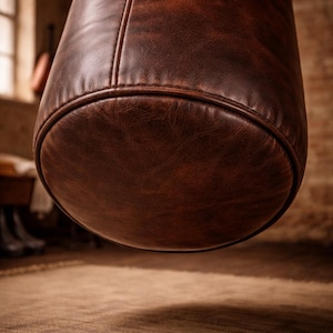 K&ouml;nnte beinhalten: Ein brauner Leder-Boxsack, zylindrisch geformt, h&auml;ngt in einem Raum. Die Tasche hat einen abgerundeten Boden und eine vertikale Naht in der Mitte. Das Leder hat ein strukturiertes Aussehen und eine satte, dunkelbraune Farbe.