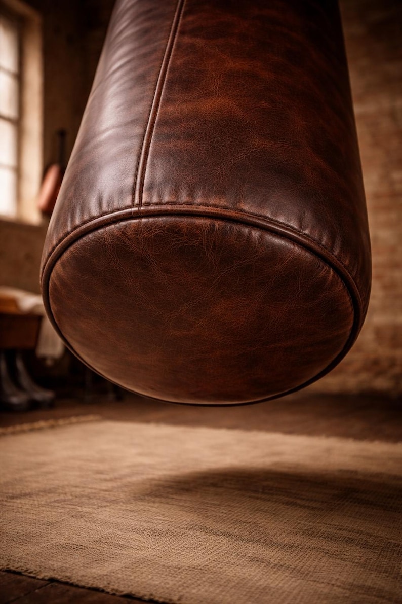 K&ouml;nnte beinhalten: Ein brauner Leder-Boxsack, zylindrisch geformt, h&auml;ngt in einem Raum. Die Tasche hat einen abgerundeten Boden und eine vertikale Naht in der Mitte. Das Leder hat ein strukturiertes Aussehen und eine satte, dunkelbraune Farbe.