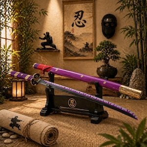 Puede incluir: Dos katanas japonesas con vainas moradas y hojas negras descansan sobre un soporte negro. Las vainas tienen detalles dorados y tela roja en la empuñadura. Un rollo enrollado con una ilustración de ninja está en primer plano.