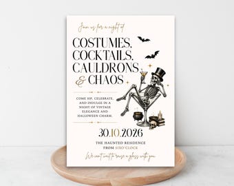 Redigerbar Halloween Canva-inbjudningsmall, läskigt skelettcocktailparty, vintageberlock (digital nedladdning)