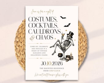 May include: A rectangular Halloween party invitation card featuring the text "COSTUMES, COCKTAILS, CAULDRONS & CHAOS" and a skeleton wearing a top hat sitting in a martini glass. The design includes bats, a skull, a cauldron, and the date 30.10.2026.
