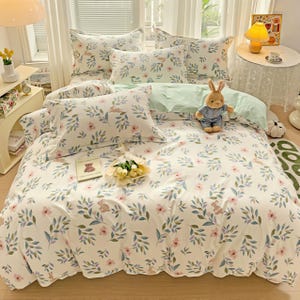 Pure Cotton Bedding Set, Cute Rabbit 4-Piece Bedding Set, Leaf Bedding, Comfortable Duvet Cover, Fitted Sheets and Flat Sheets