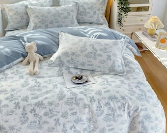Blue Floral Bedding, Modern Pure Cotton Four-Piece Set, Cpmfortable Bedding Set, Cotton Floral Duvet Cover
