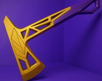 Prime Axe Futuristic Gold and Purple Tomahawk Axe – Valorant-Inspired Fantasy Weapon – 3D Printed Collectible