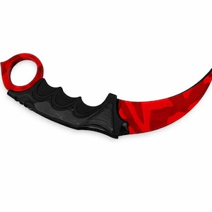 Könnte beinhalten: Ein gebogenes Karambit-Messer mit rotem und schwarzem Design. Die Klinge hat ein rotes Muster, und der Griff ist schwarz mit Fingerrillen. Der Ring am Ende des Griffs ist rot. Das Messer ist vor einem weißen Hintergrund platziert.