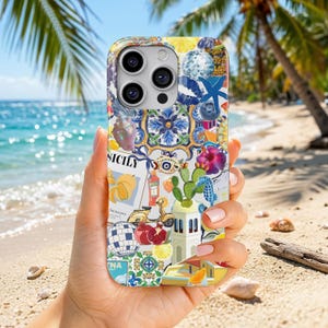 May include: A smartphone case featuring a vibrant collage of Mediterranean-themed illustrations, including a yellow scooter, a prickly pear cactus, a seahorse, a disco ball, citrus slices, a pomegranate, and the text SICILY printed in black.