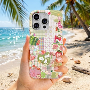 Strawberry Patchwork Phone Case, Whimsical Garden Picnic Collage Phone Cover, iPhone 17 16 15 14 13 12 11 Pro Max, Samsung S26 S25 S24 S23