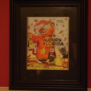 May include: A framed illustration of a cartoon tiger wearing a red and orange jacket, holding a ukulele and waving. The tiger is standing on a yellow background with the words "Auburn Florida" in black text.