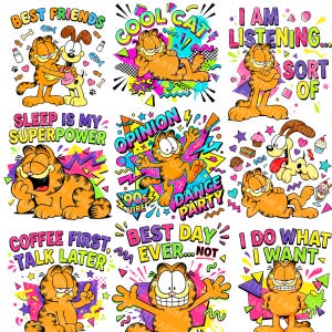 Puede incluir: Una colección de nueve diseños gráficos coloridos con el personaje de dibujos animados Garfield. Cada diseño incluye a Garfield en varias poses con frases como "Best Friends", "Cool Cat" y "I Do What I Want". Los diseños utilizan colores brillantes y un ambiente de los 90.