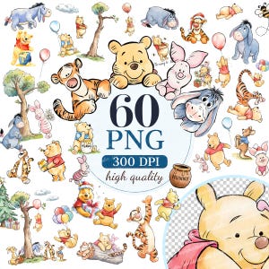 Può includere: Una collezione di 60 illustrazioni digitali PNG con personaggi in stile acquerello tra cui Winnie the Pooh, Tigro, Pimpi e Ih-Oh in varie pose, con vasetti di miele, palloncini e alberi, etichettati con il testo 60 PNG 300 DPI high quality.