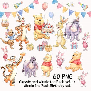 May include: A set of watercolour illustrations featuring Winnie the Pooh and friends. The image includes characters like Tigger, Piglet, and Eeyore, along with birthday cakes, gifts, and party decorations. Text reads "60 PNG Classic and Winnie the Pooh sets + Winnie the Pooh Birthday set."