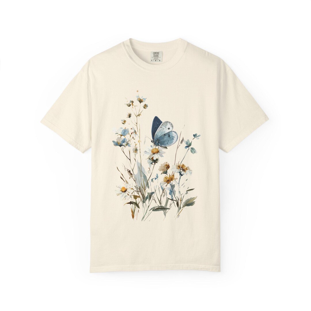 Blue Butterfly and Wildflowers T-shirt | Floral Nature Art - Etsy