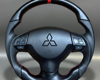 Midsubishi Lancer 2008-2017 Benutzerdefinierte Lederlenkrad | Sport Flachboden Rot Stitch