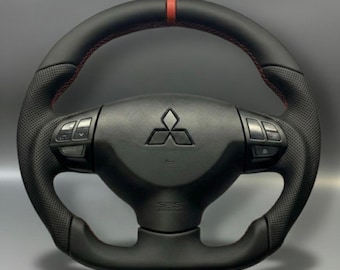 Volant en cuir personnalisé pour Mitsubishi Lancer 2008-2017 | Point rouge sport à fond plat