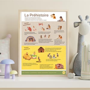 May include: A framed educational poster titled "La Préhistoire" (Prehistory) with illustrations of early human life. The poster features drawings of cave dwellings, tools, and people, with text in French. The poster is displayed on a shelf with decorative plush toys.