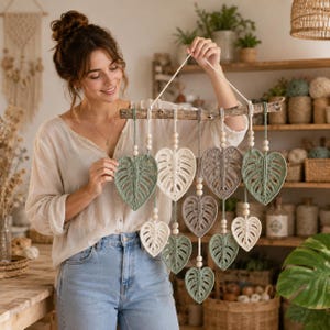 May include: A wall hanging with crocheted Monstera leaves in green, cream, and brown. The leaves are suspended from a wooden branch with wooden beads. This handmade piece is a nature-inspired decoration, perfect for a living space.