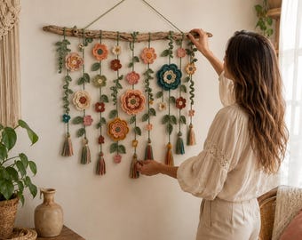 Boho Crochet Flower Wall Hanging Pattern PDF, Floral Vine Garland Tutorial, Botanical Fiber Art DIY Digital Download