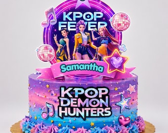 Stickers pour gâteau chasseurs de démons K-Pop, décoration d'anniversaire anime, modèle de toile modifiable, articles de fête Kpop imprimables DIY, thème néon