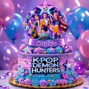 Pegatinas para tarta de cazadores de demonios K-Pop/Decoración de cumpleaños de cazadores de demonios de anime/Plantilla de Canva editable/Suministros para fiestas K-pop imprimibles