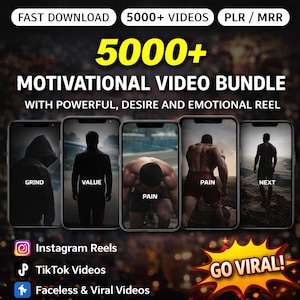 Puede incluir: Imagen promocional para un paquete de videos motivacionales. La imagen presenta el texto "5000+ MOTIVATIONAL VIDEO BUNDLE" y muestra cinco pantallas de teléfonos inteligentes con temas motivacionales. El texto adicional incluye "Instagram Reels", "TikTok Videos" y "Faceless & Viral Videos".