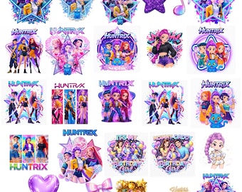 May include: A collection of colorful digital graphics featuring the text "HUNTRIX" and various illustrations of anime-style characters. Designs include stars, hearts, musical notes, and birthday themes.