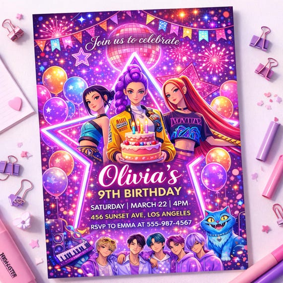 kpop Birthday Invitation | Kpop Demon Hunters Birthday Invitation | Editable Canva Template | Kpop Anime Invite | Printable Invite Card